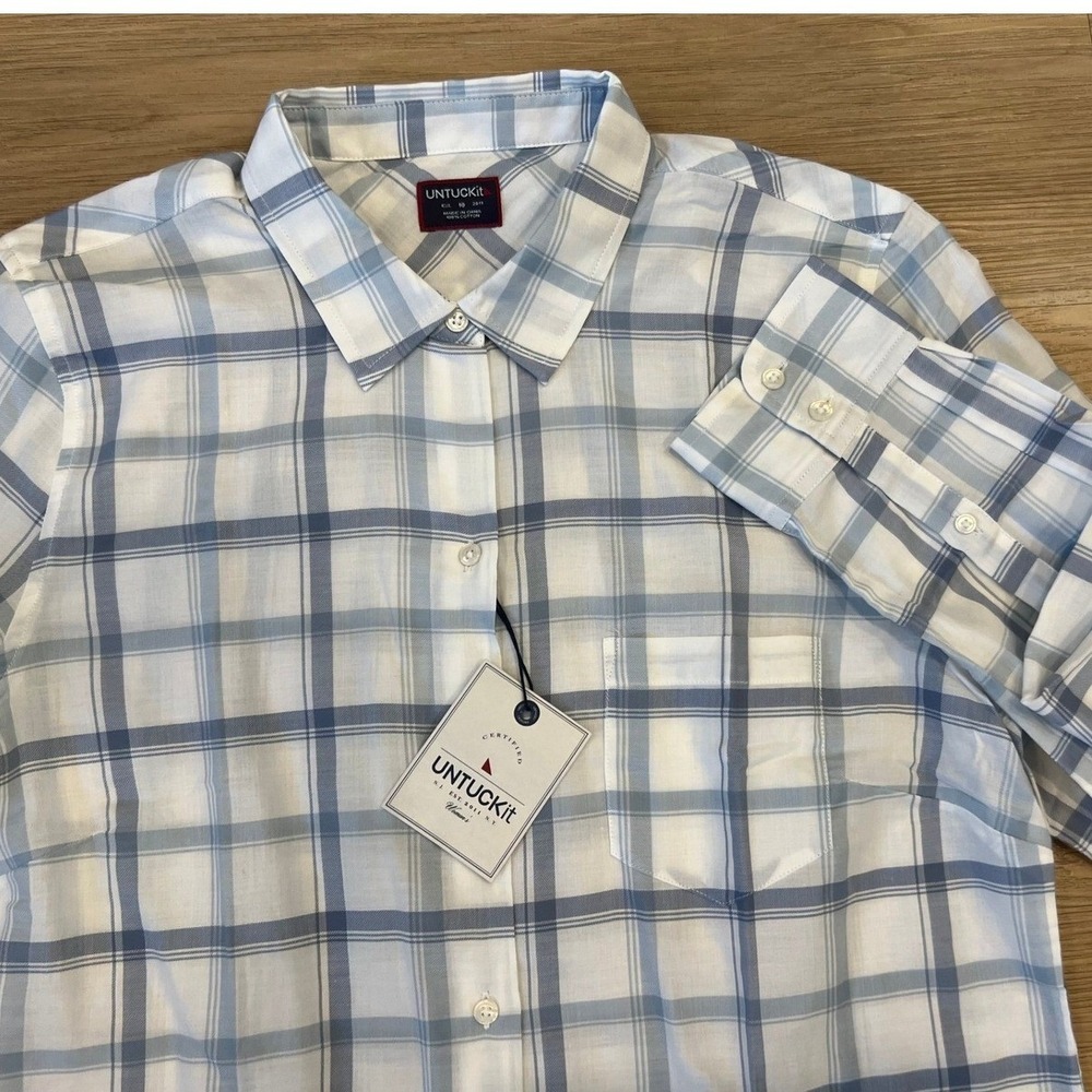 UNTUCKit Women's Shirt Melini Blue Plaid Button Down Sz 10 Coastal Summer Casual